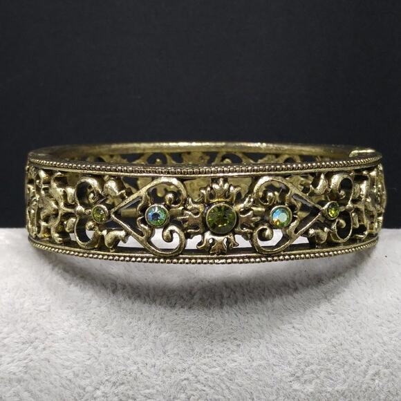 Brass Filigree Purple Green Rhinestone Hinged Bracelet, Magnetic Clasp, 7 Inches - Picture 6 of 8